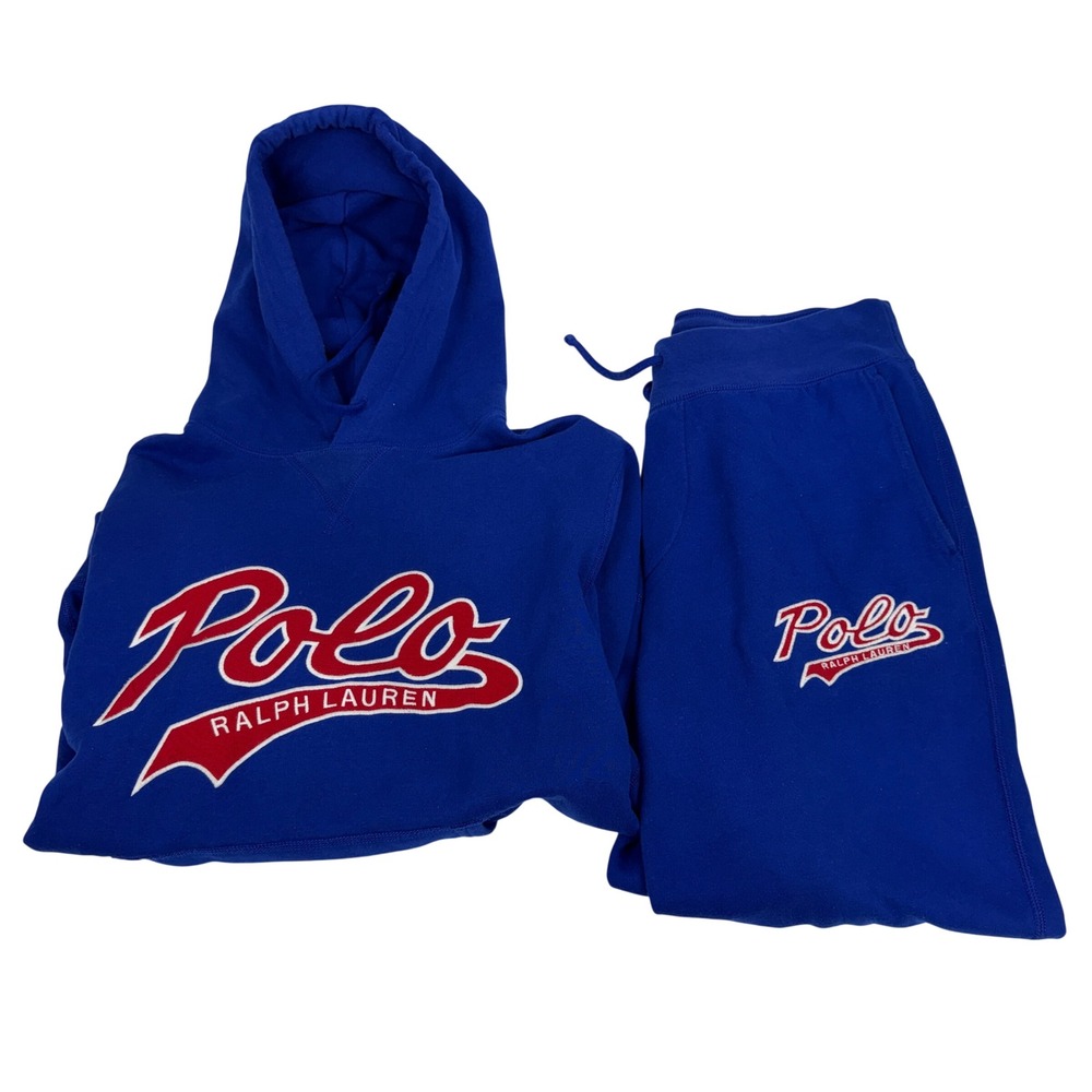 Polo Ralph Lauren Mens Royal Blue Script Logo Hoodie and Joggers Tracksuit Set M
